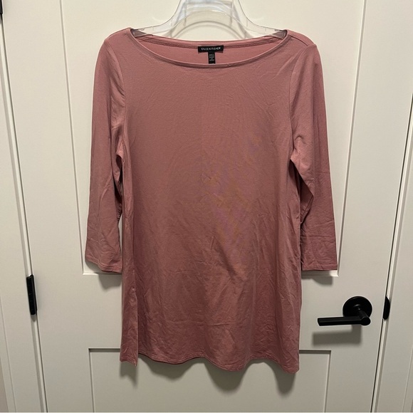 NWT Eileen Fisher XS Magnolia Pink Bateau Neck Tunic 3/4 Sleeve Split Hem Tencel - Picture 1 of 6